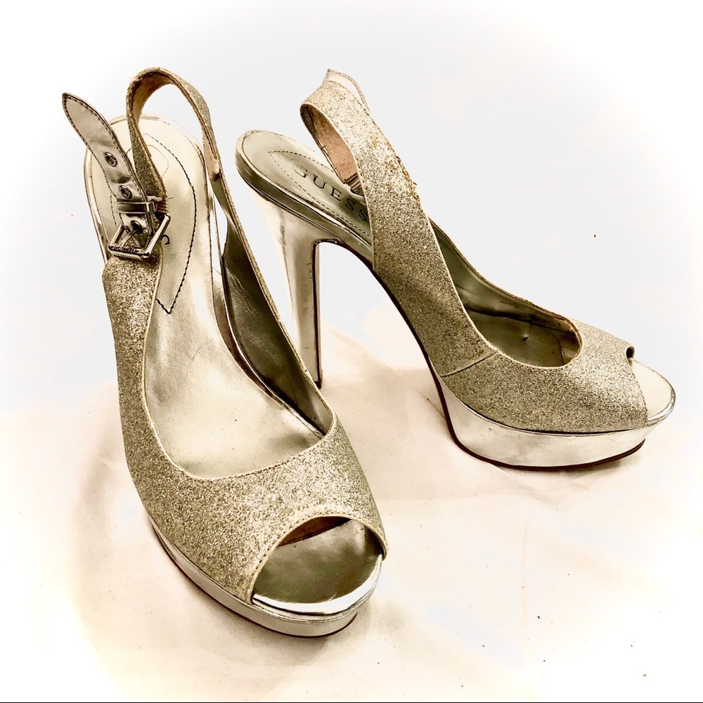 Silver sparkly GUESS peep toe pumps